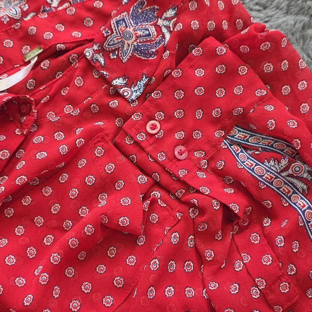 Free People Red and White Puff Sheer Sleeve Blouse Polka Dot Medium